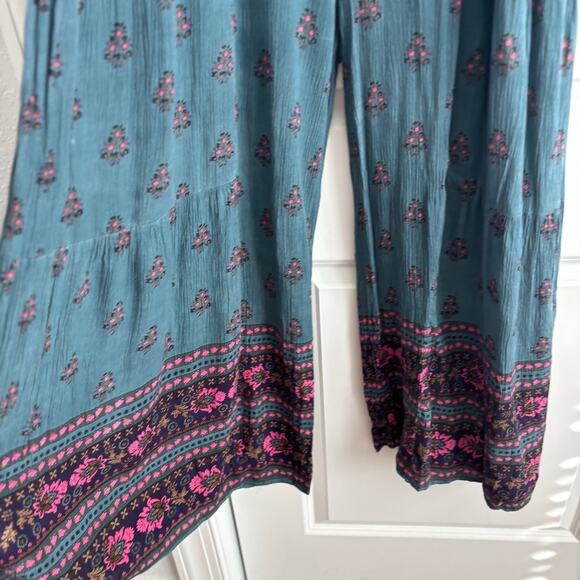 Natural Life Boho Wide Leg Jumpsuit Blue Floral Print Sleeveless Romper Sz L - Picture 10 of 14